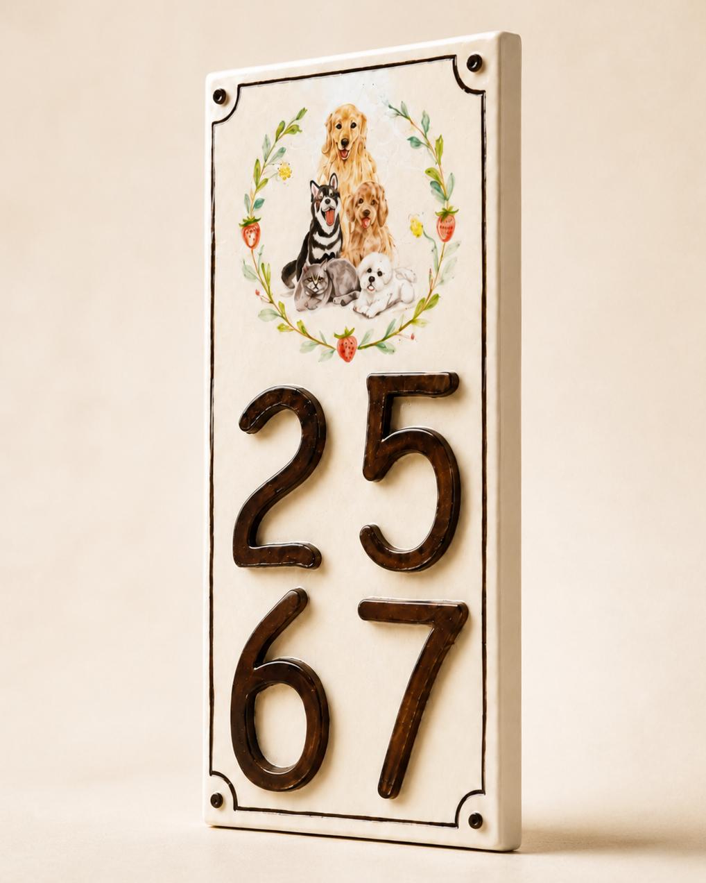 Decorative house number sign with illustrations of dogs and flowers on a beige background